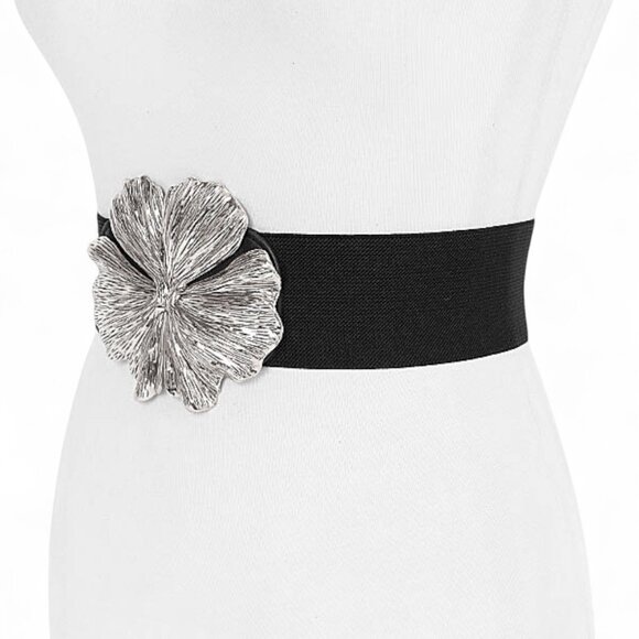 BNWT Antique Silver Vintage Flower Buckle Elastic Fashion Belt - Picture 2 of 5